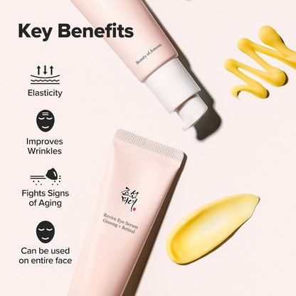 Pink eye serum tube from Beauty of Joseon with key benefits listed on a light background