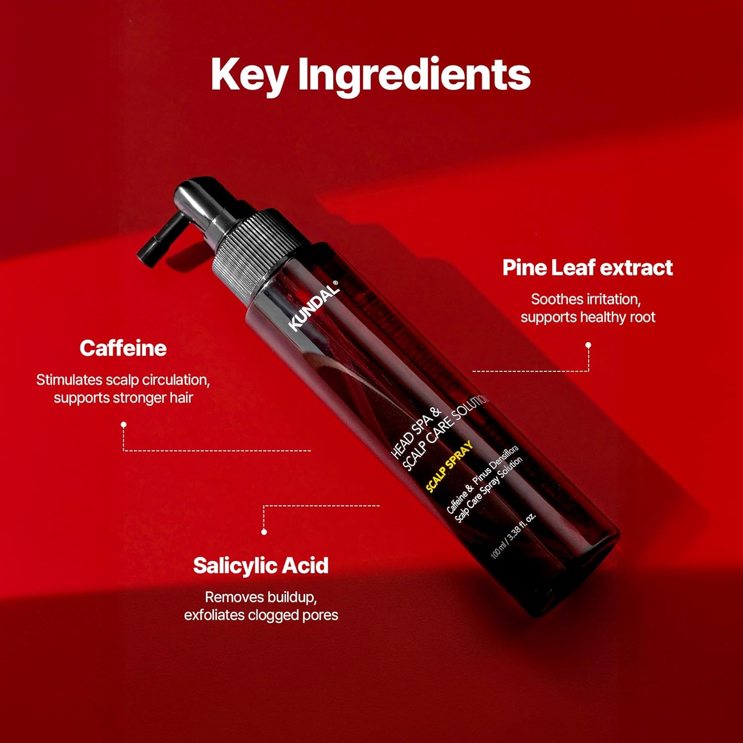 Kundal scalp spray with key ingredients on a red background
