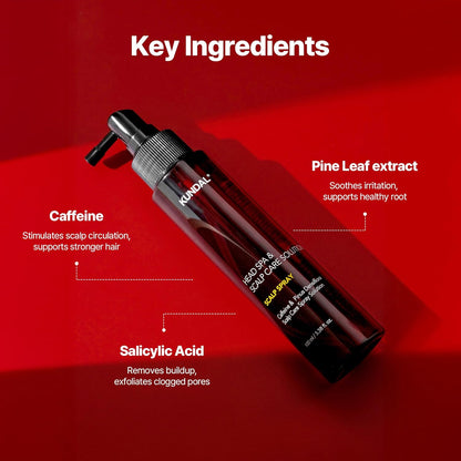 Kundal scalp spray with key ingredients on a red background