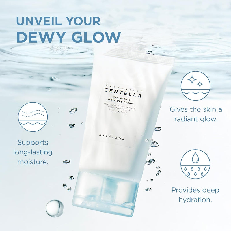 Skincare product with text highlighting features on a water background