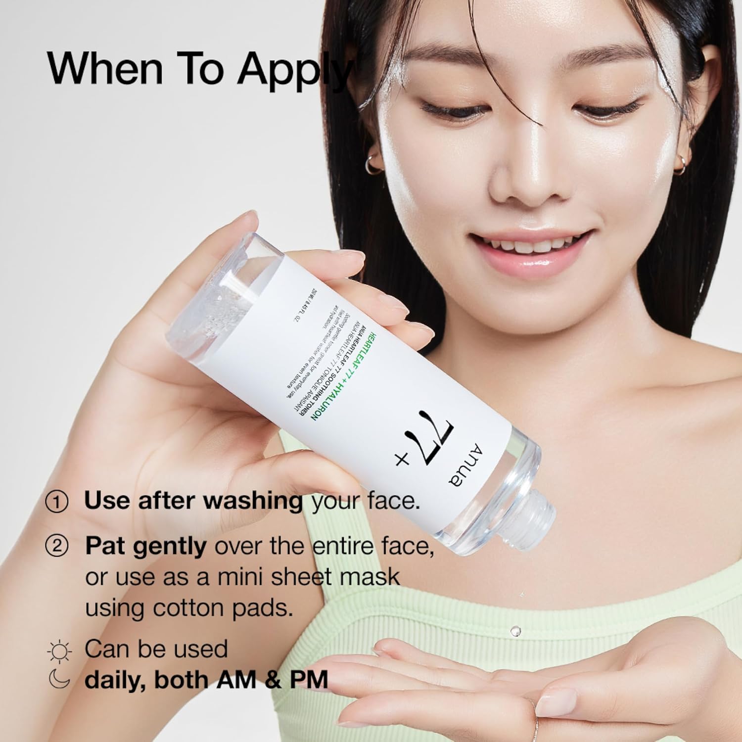 Woman holding a skincare product with usage instructions on a white background