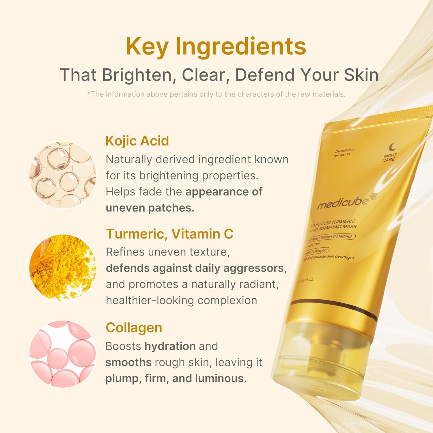 Skincare product with key ingredients listed on a light background