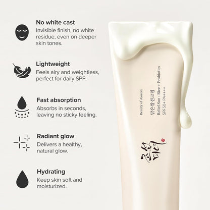 Skincare product with features listed on a white background