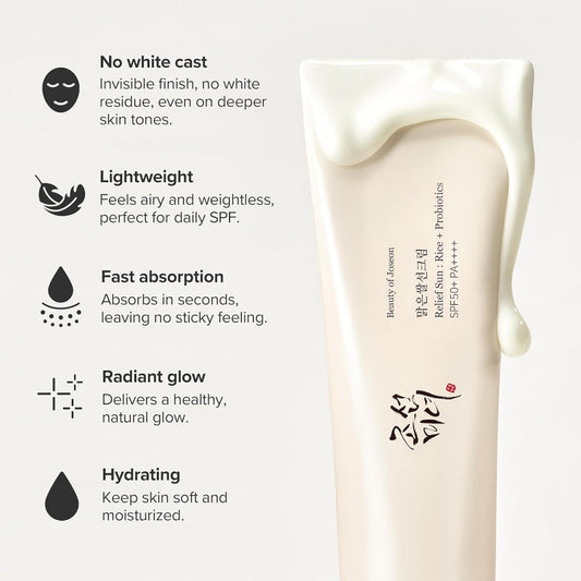Skincare product with features listed on a white background