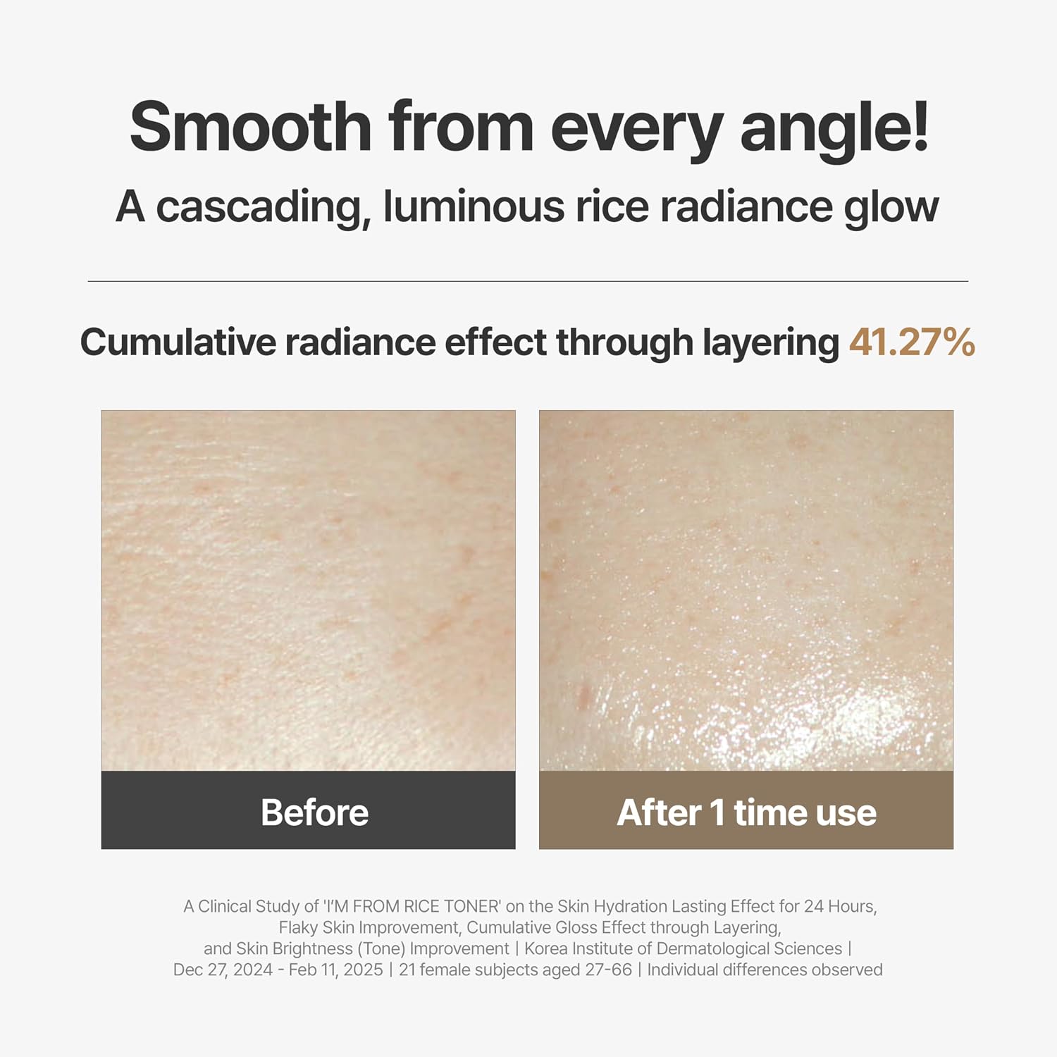 Before and after comparison of skin radiance with text about cumulative radiance effect.