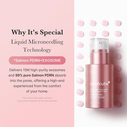 Pink skincare bottle with text about liquid microneedling technology on a pink background