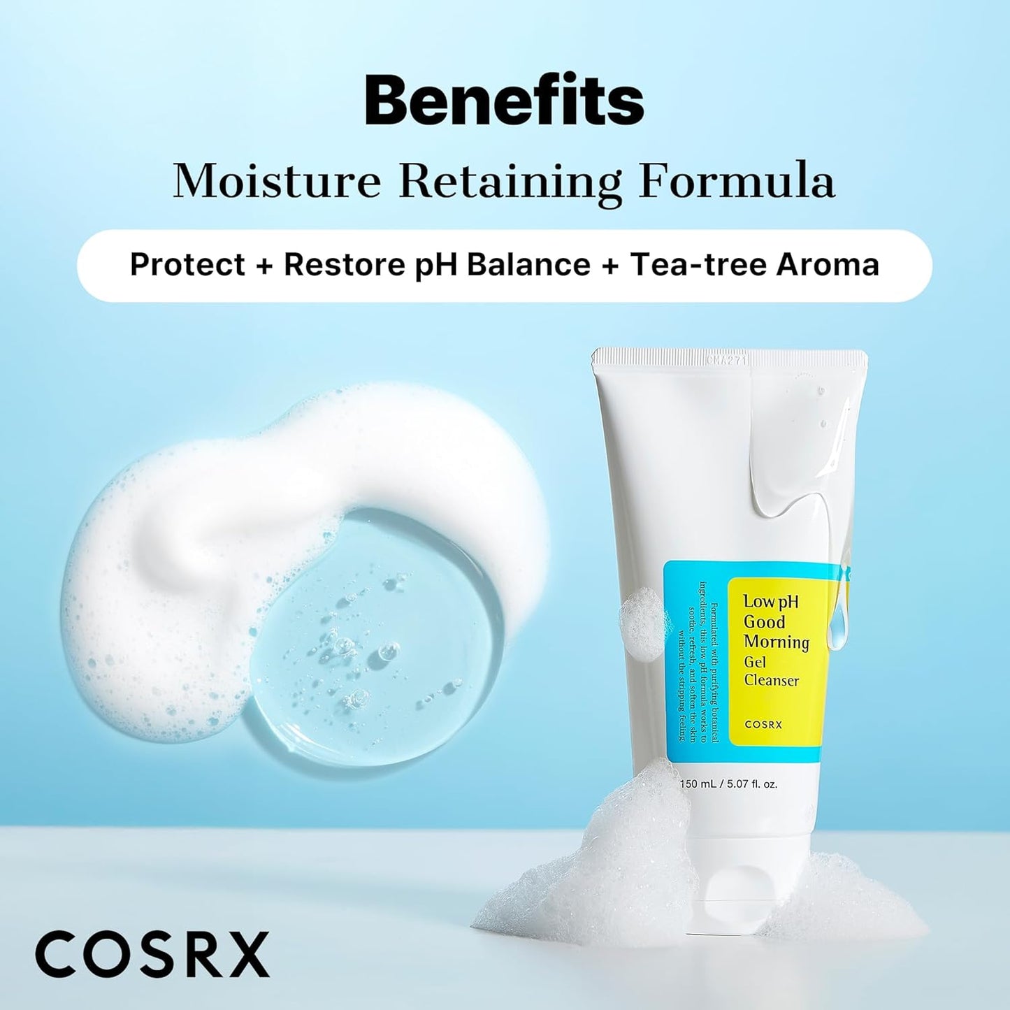 COSRX cleanser tube with foam and text highlighting benefits on a light blue background