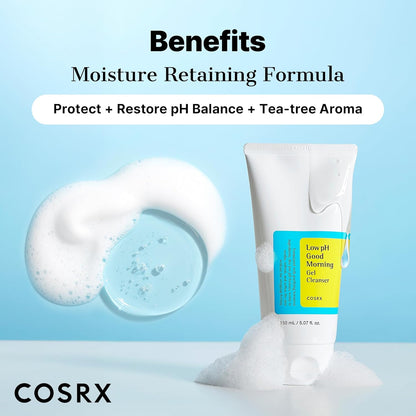 COSRX cleanser tube with foam and text highlighting benefits on a light blue background