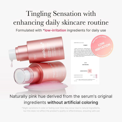 Two pink skincare bottles with text about a daily skincare routine and low-irritation ingredients.