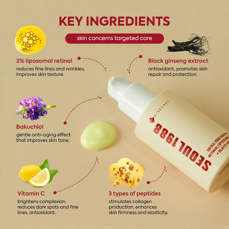 Product packaging with key ingredients and their benefits on a beige background