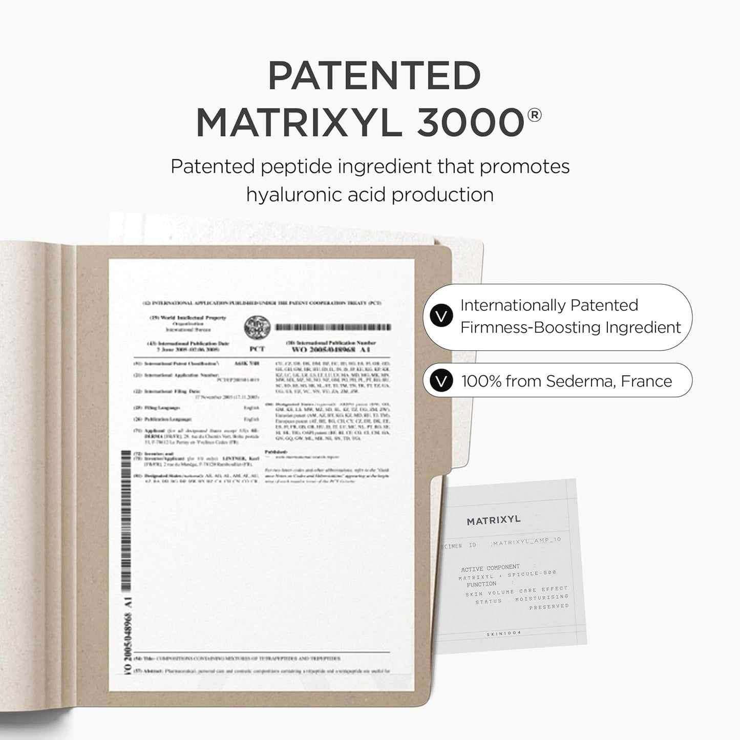 Product packaging with Matrixyl 3000 patent information on a white background