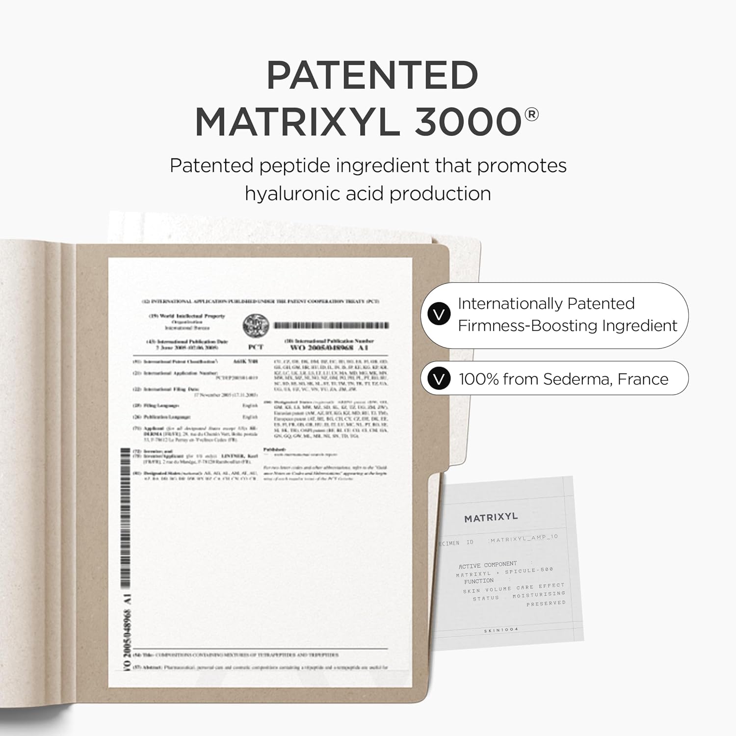 Product packaging with Matrixyl 3000 patent information on a white background