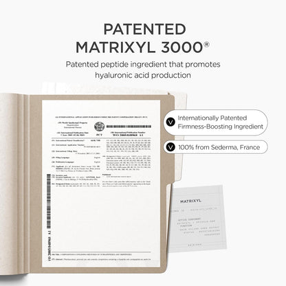 Product packaging with Matrixyl 3000 patent information on a white background