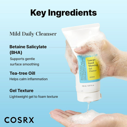 COSRX mild daily cleanser with key ingredients highlighted on a blue background