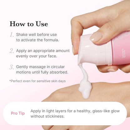 Hand applying skincare product with text on how to use it