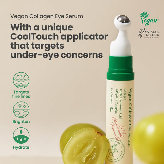 Vegan collagen eye serum with CoolTouch applicator on a beige background