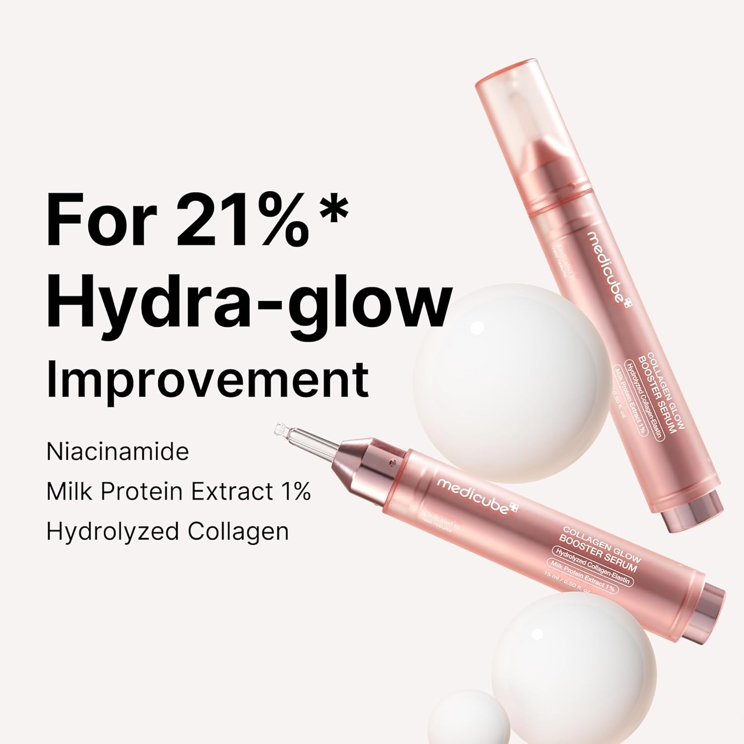 Cosmetic serum bottles with text highlighting hydra-glow improvement on a white background