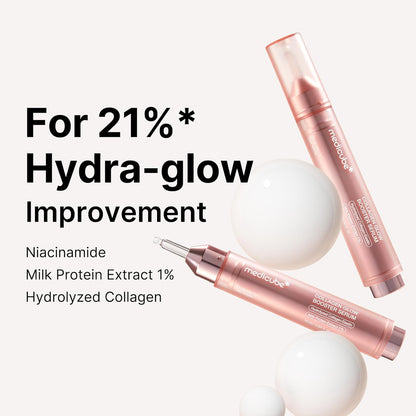 Cosmetic serum bottles with text highlighting hydra-glow improvement on a white background