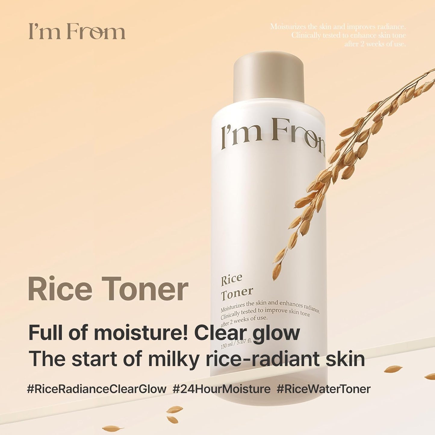 I'm From Rice Toner bottle with rice grains on a beige background