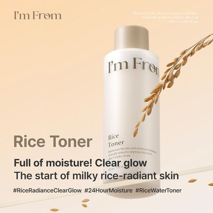 I'm From Rice Toner bottle with rice grains on a beige background