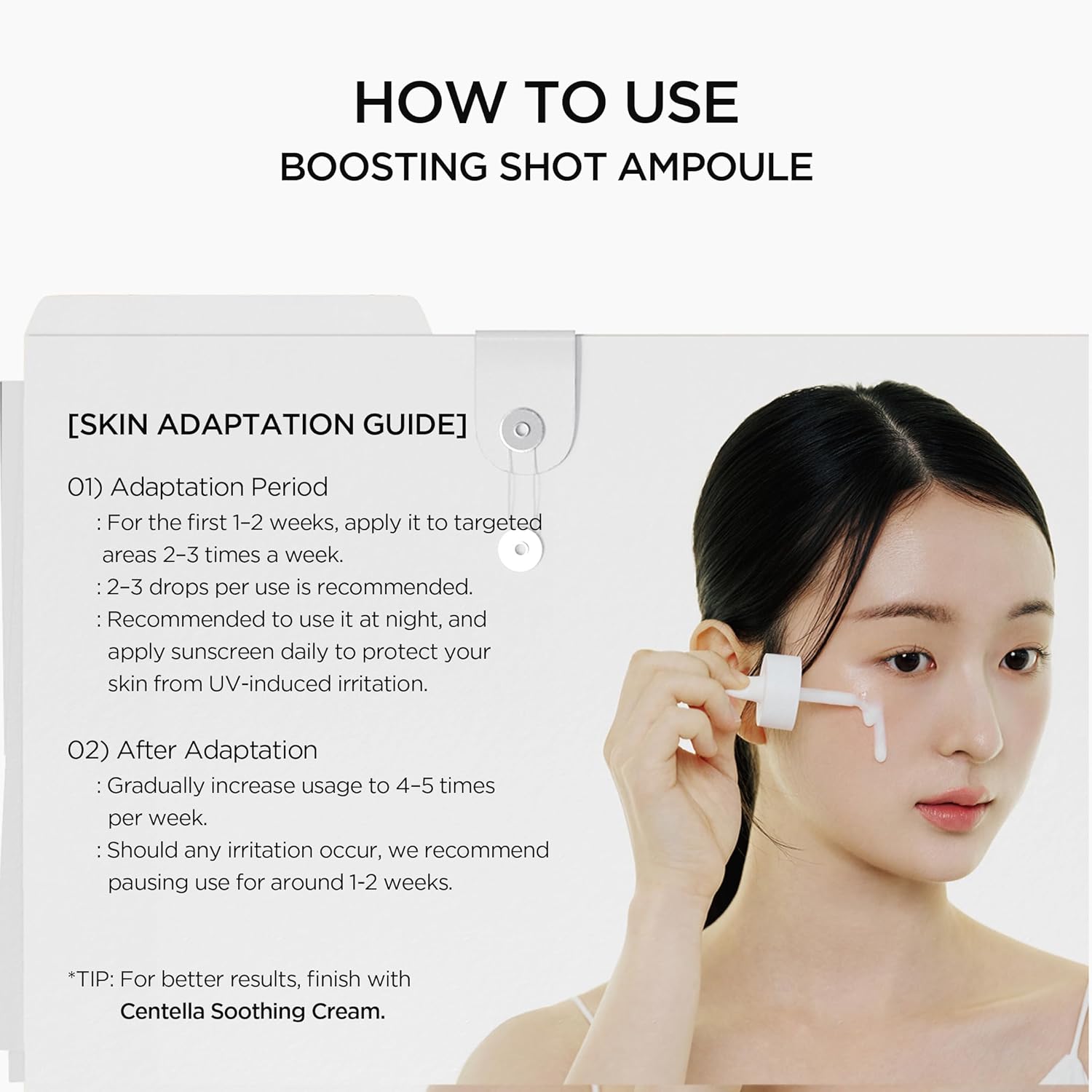 Instructions on how to use a boosting shot ampoule with a woman applying it to her face.