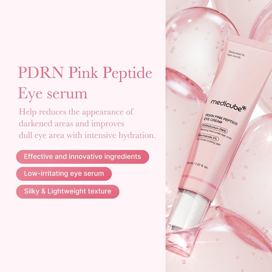 Pink Peptide Eye serum with product details on a white background