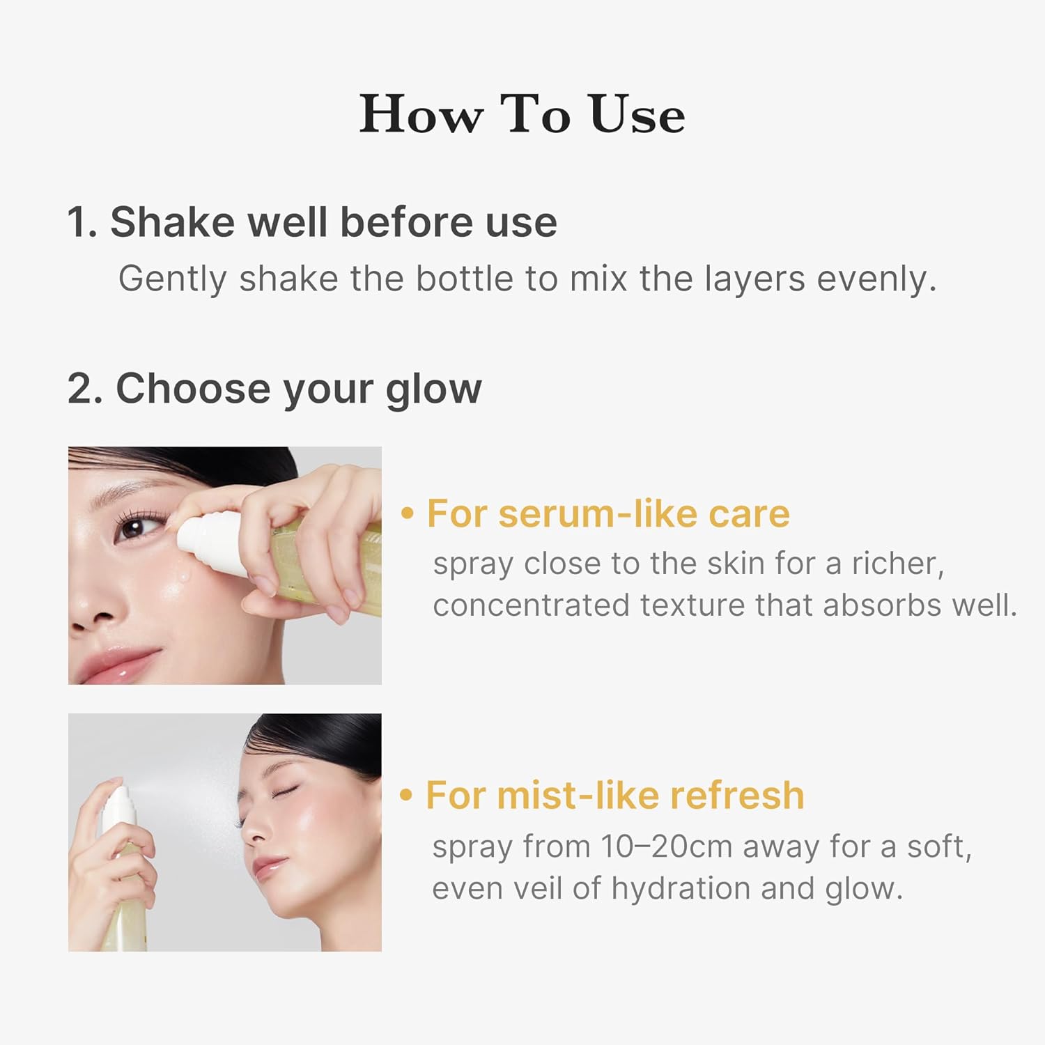 Instructions on how to use a skincare product with text and images of a person using it.
