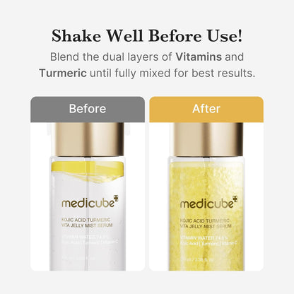 Medicube Vitamin Acid Turmeric Vita Jelly Mist Serum with 'Before' and 'After' comparison on a white background.