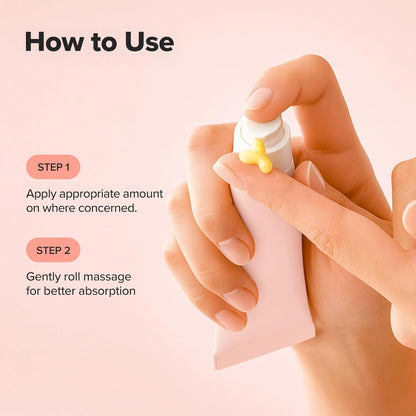 Hand applying cream with text on how to use it on a pink background