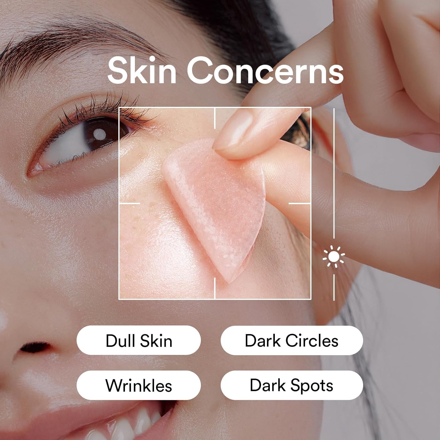 Close-up of a person's face with text 'Skin Concerns' and icons for skin issues.