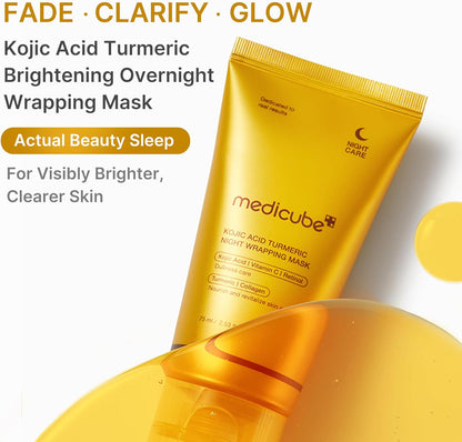 Medicube Kojic Acid Turmeric Brightening Overnight Wrapping Mask with product packaging on a white background