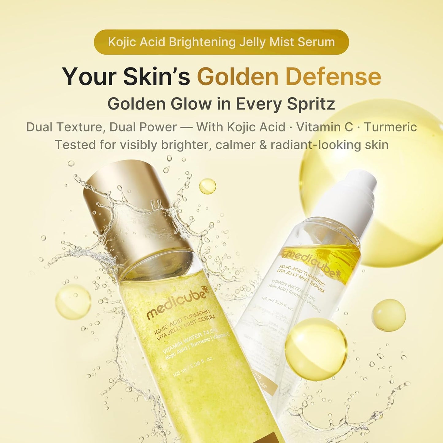 Medicube Kojic Acid Brightening Jelly Mist Serum with product bottles on a beige background