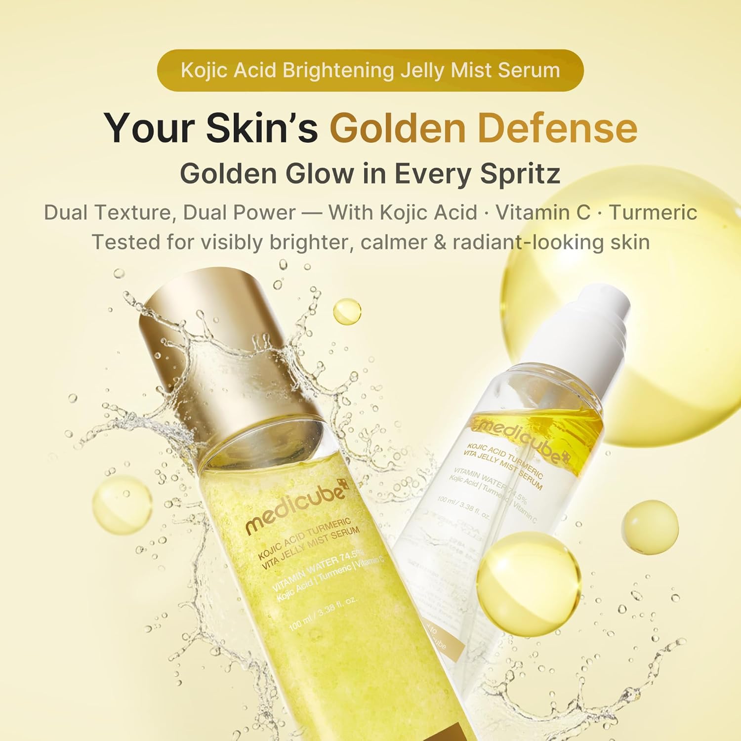 Medicube Kojic Acid Brightening Jelly Mist Serum with product bottles on a beige background