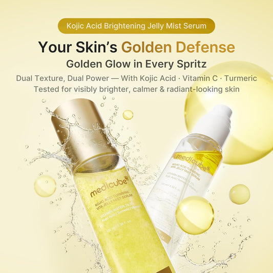 Medicube Kojic Acid Brightening Jelly Mist Serum with product bottles on a beige background