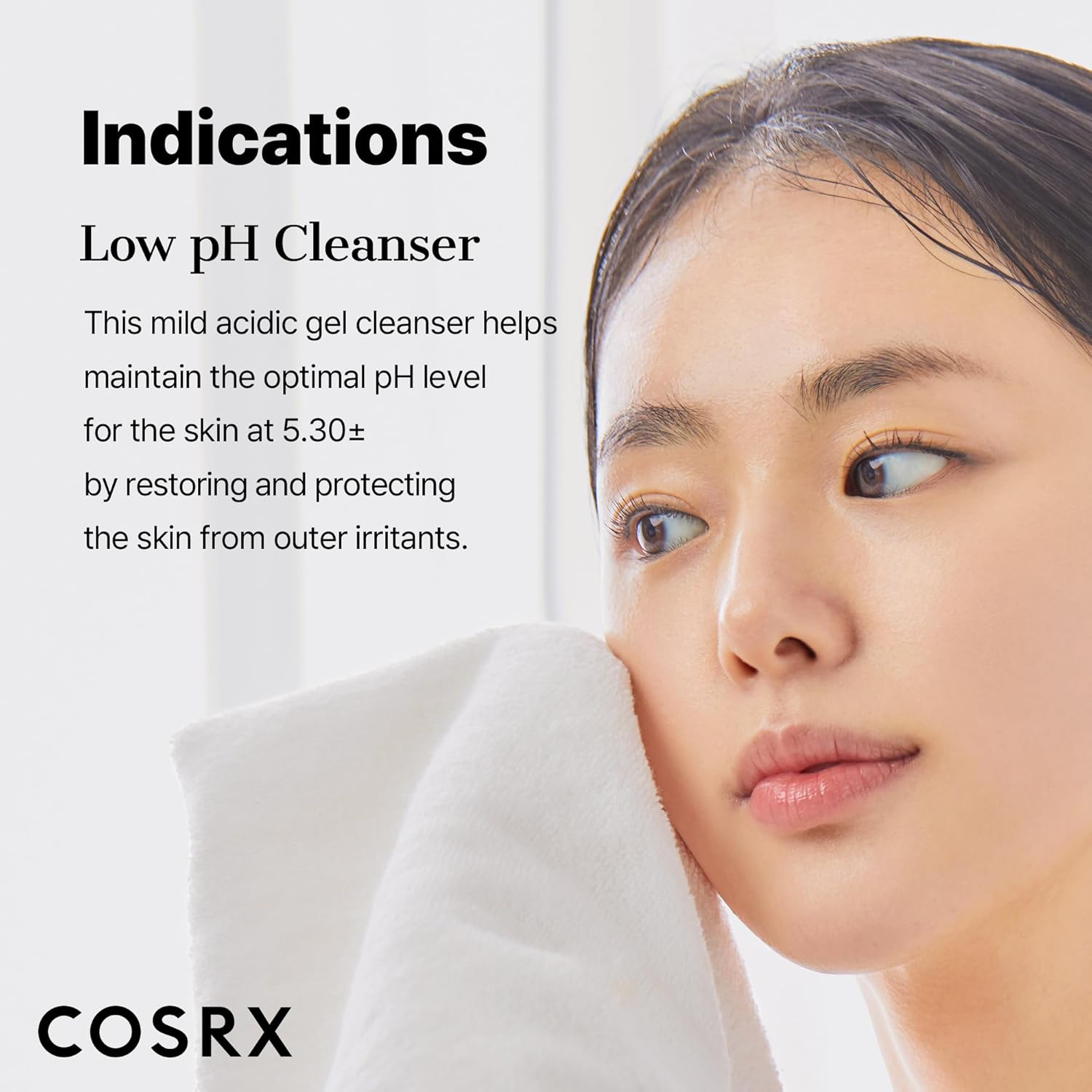 COSRX advertisement with a woman using a low pH cleanser on her face.