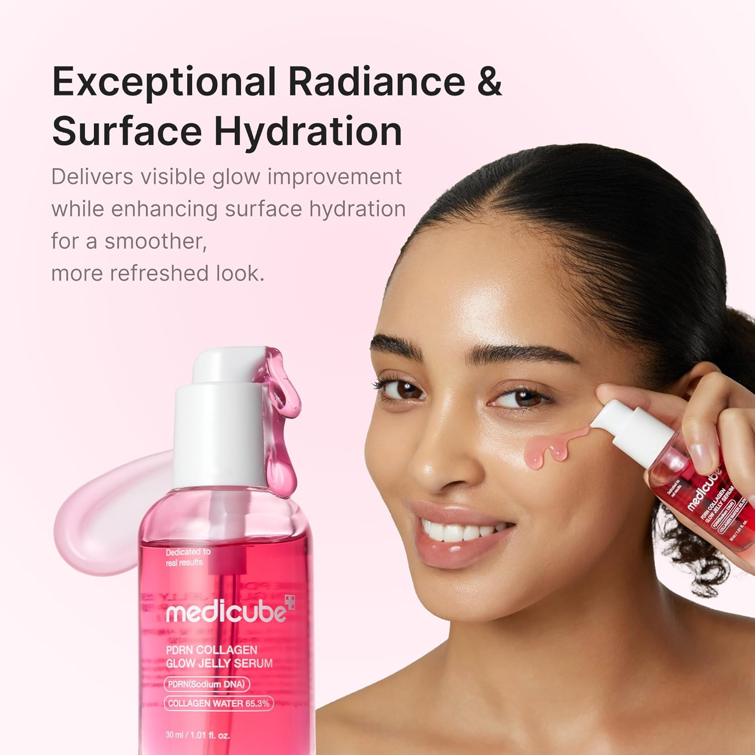 Woman applying a skincare product with text about radiance and hydration on a pink background