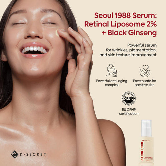 Advertisement for Seoul 1988 Serum with a woman applying it to her face.