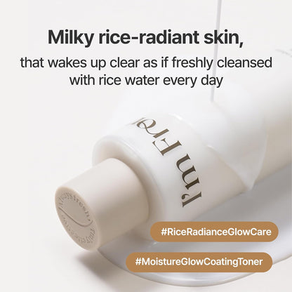 Skincare product with text highlighting 'Milky rice-radiant skin' and '#RiceRadianceGlowCare' on a light background.