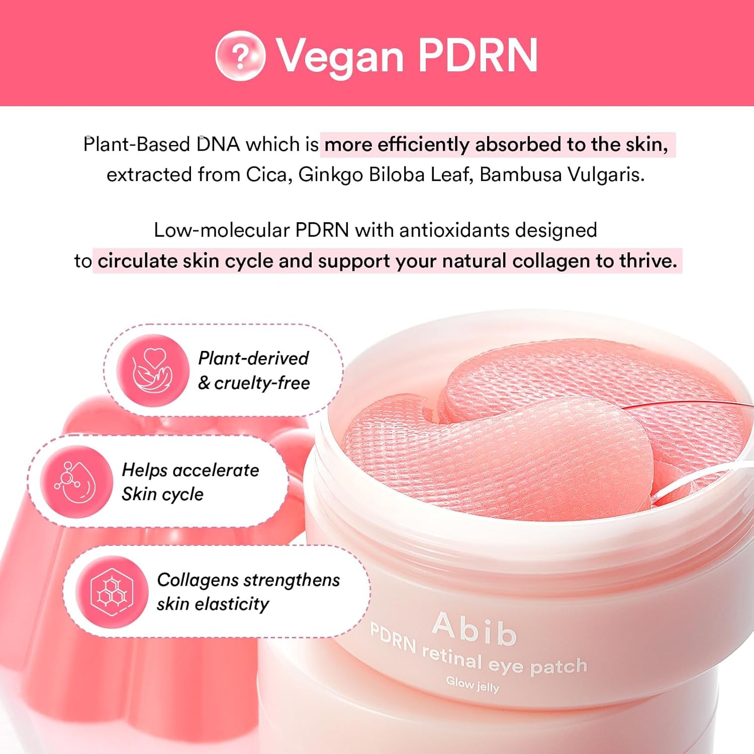 Vegan PDRN eye patches with product details on a pink background