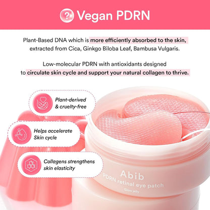 Vegan PDRN eye patches with product details on a pink background