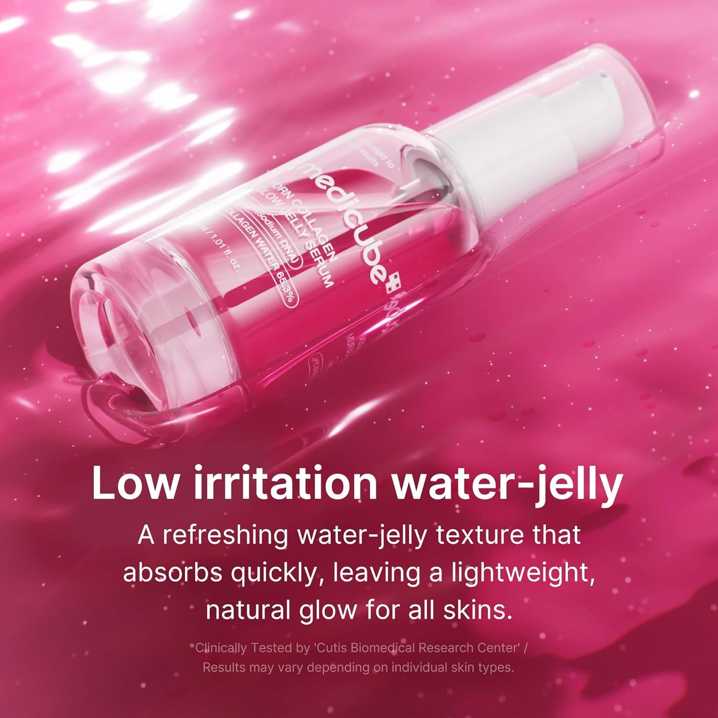 Bottle of nail polish with a pink background and text about water-jelly texture.