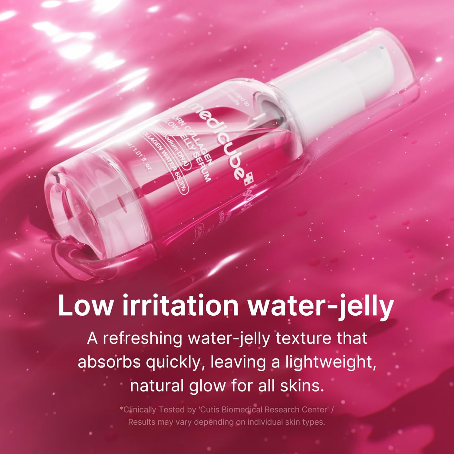 Bottle of nail polish with a pink background and text about water-jelly texture.