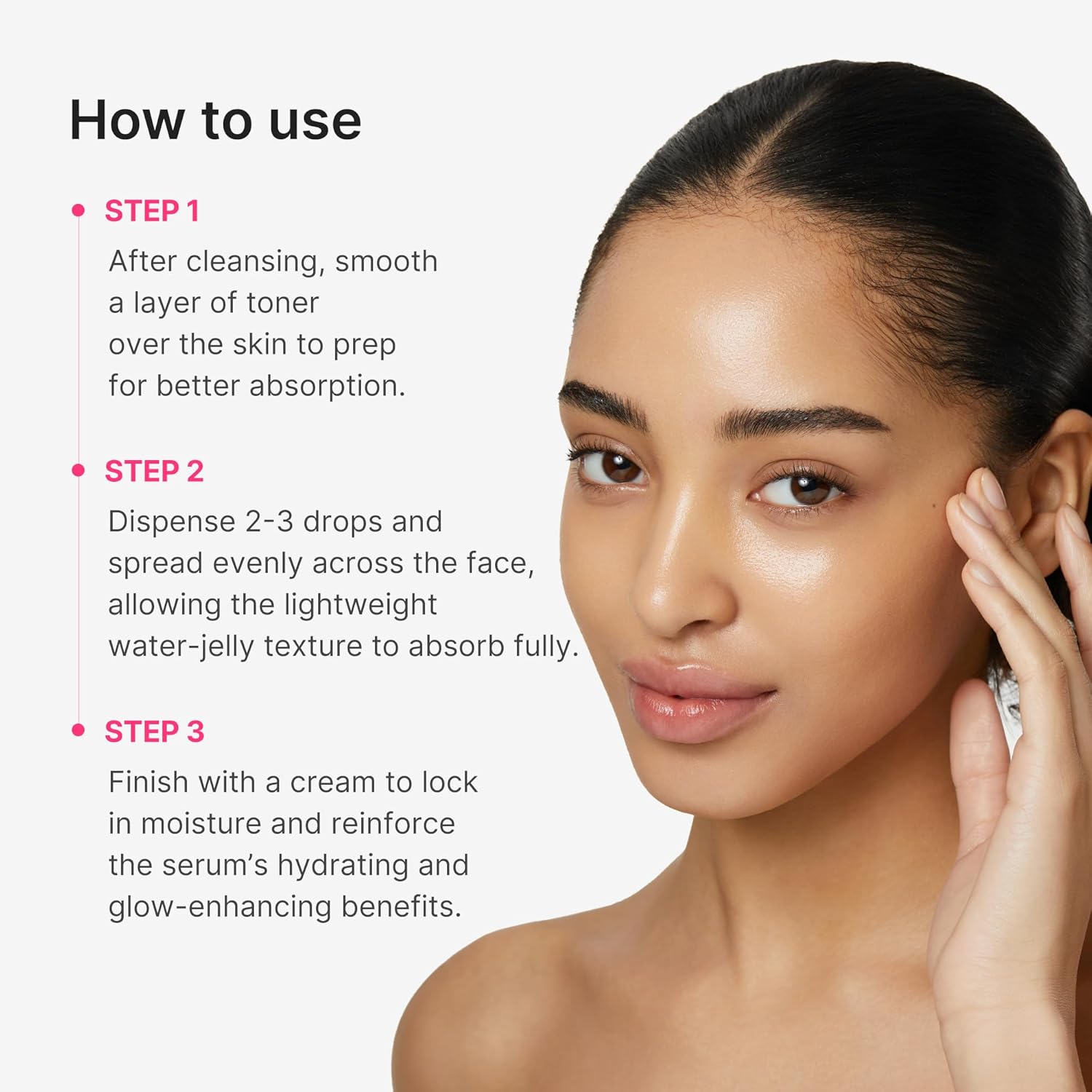 Woman applying skincare product with text on how to use it