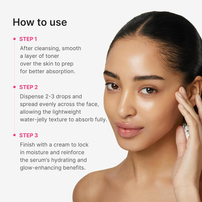Woman applying skincare product with text on how to use it
