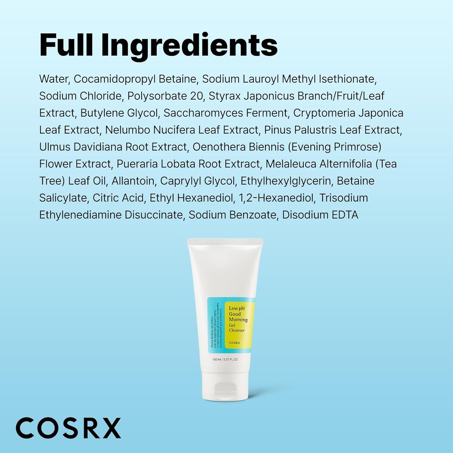 Cosrx skincare product with full ingredients list on a light blue background