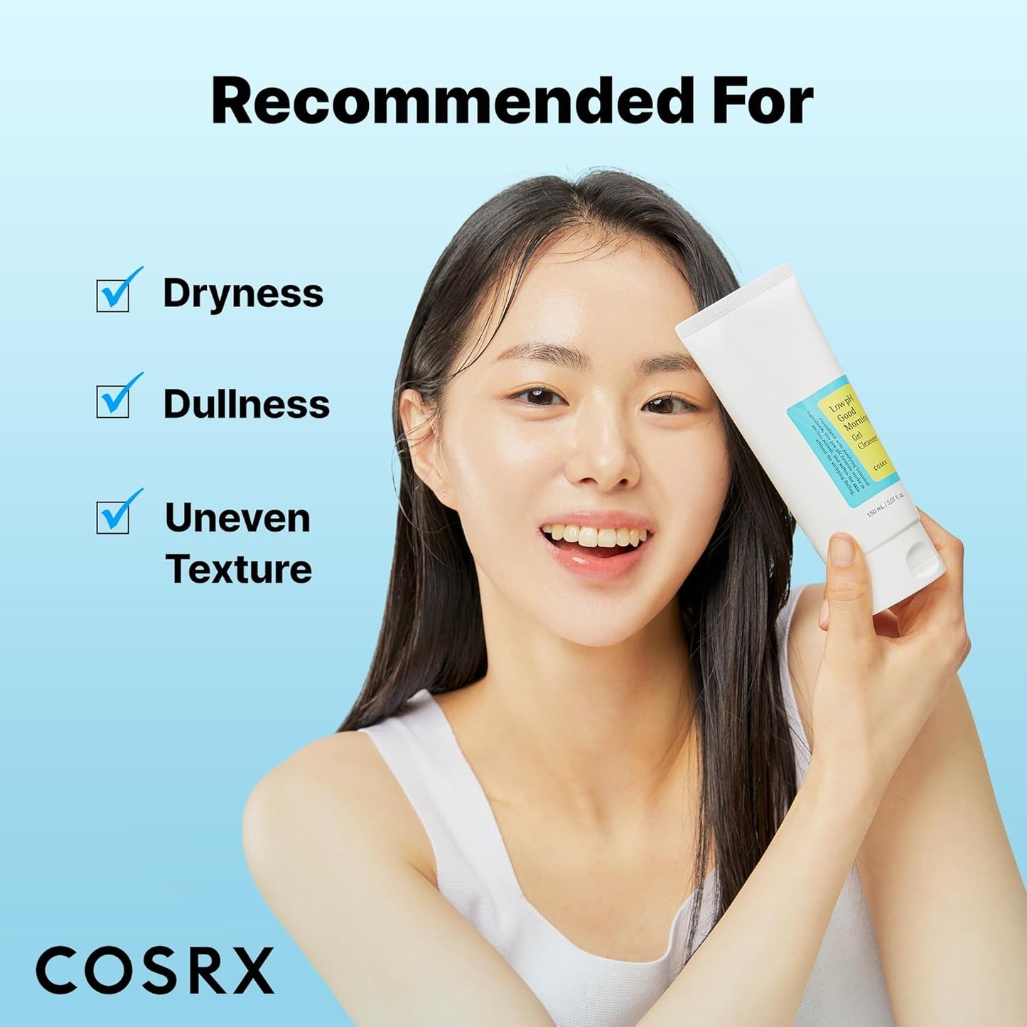 Woman holding a COSRX skincare product with text indicating it's recommended for dryness, dullness, and uneven texture on a blue background.