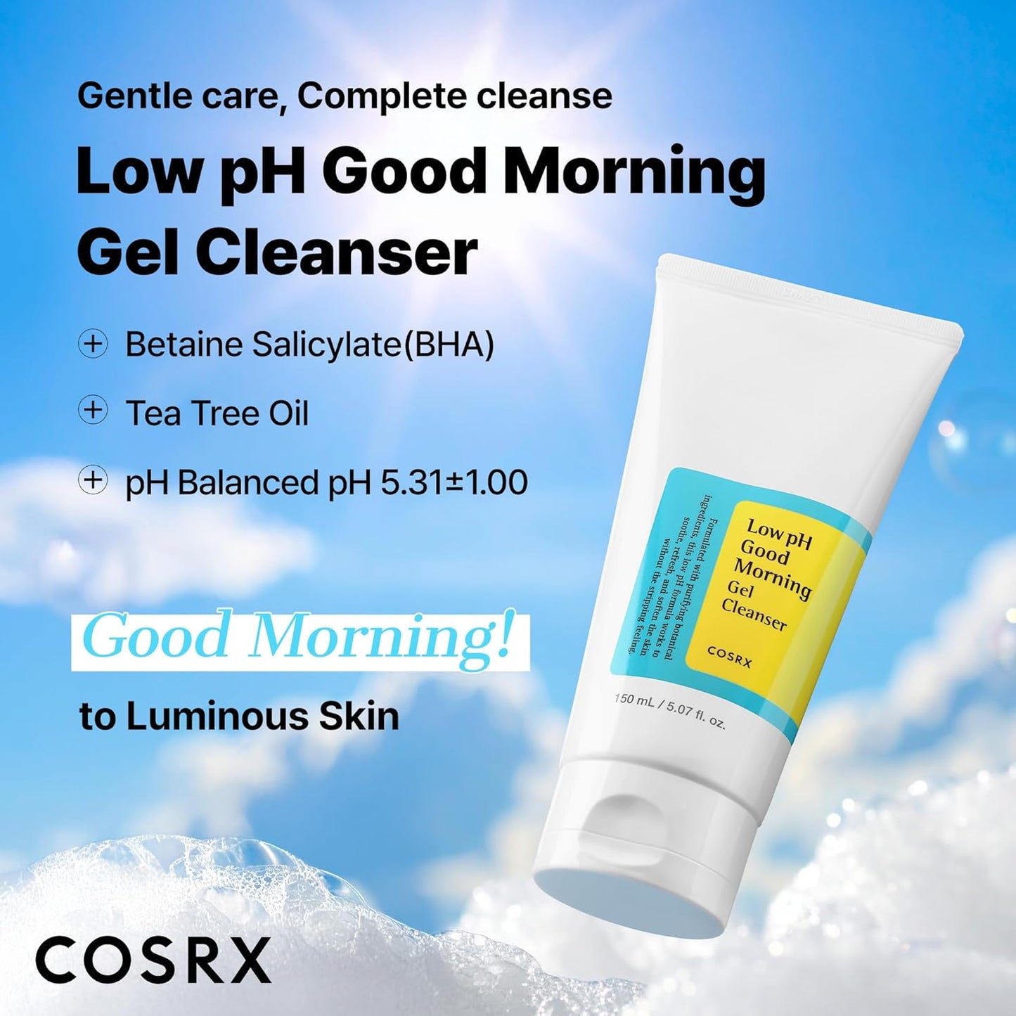 Cosrx Low pH Good Morning Gel Cleanser with product details on a blue sky background