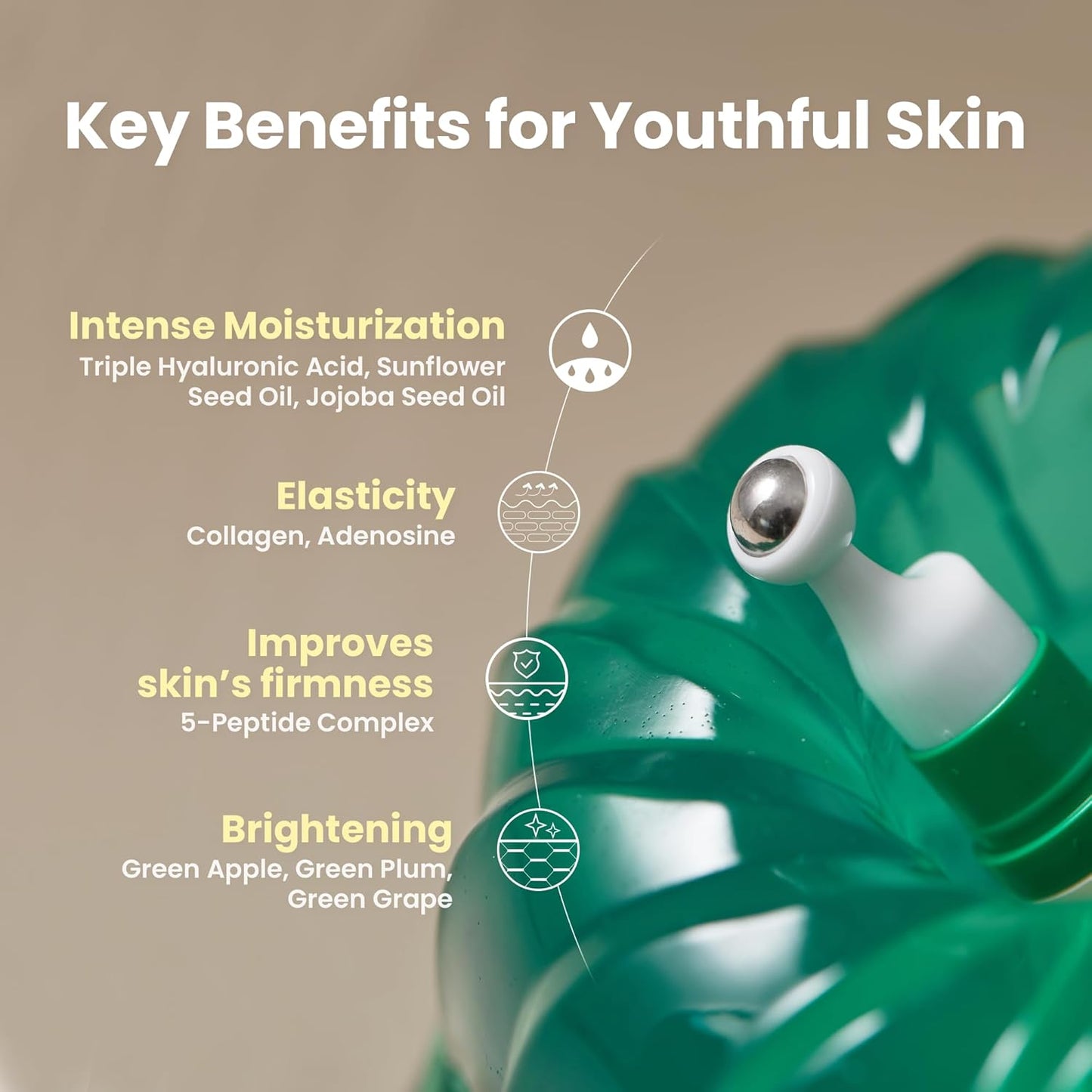 Green skincare product with text listing key benefits for youthful skin on a beige background