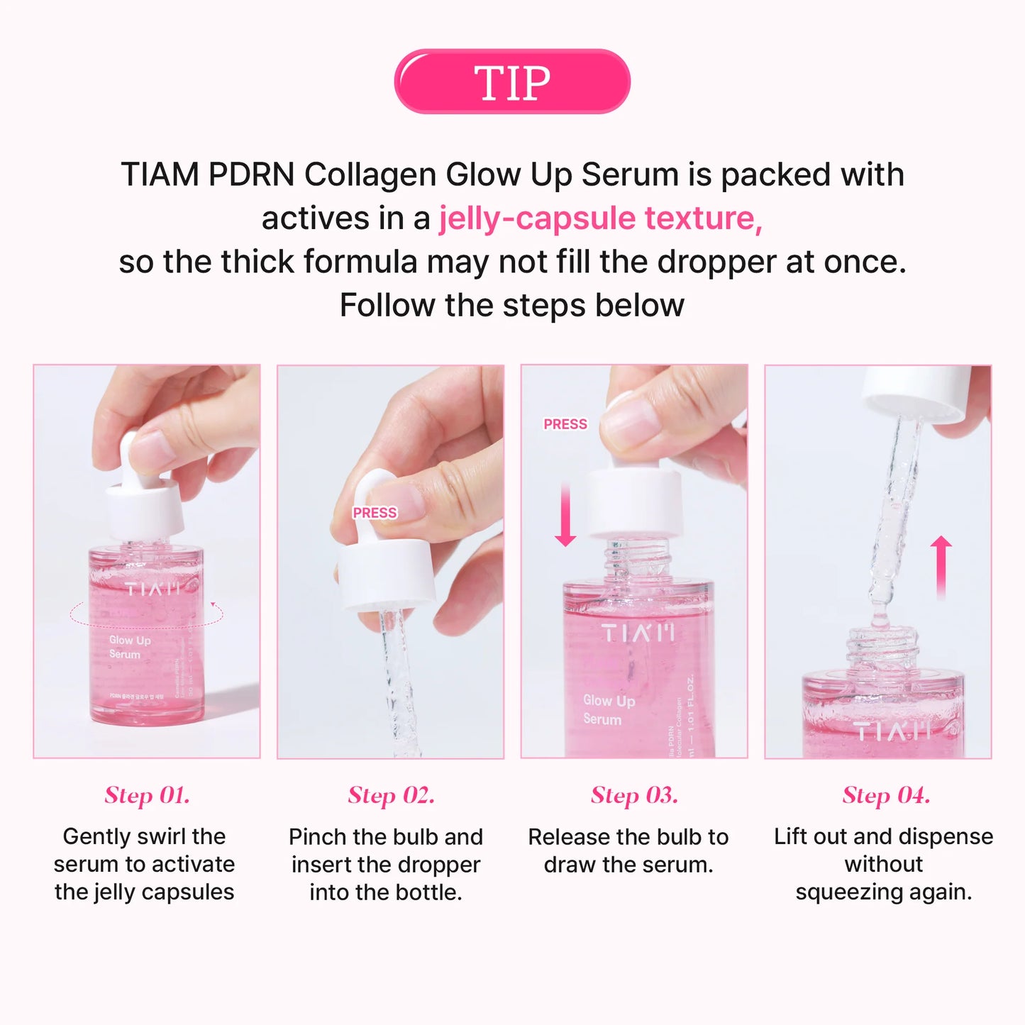 Instructions for using TIAM PDRN Collagen Glow Up Serum with step-by-step images and text.