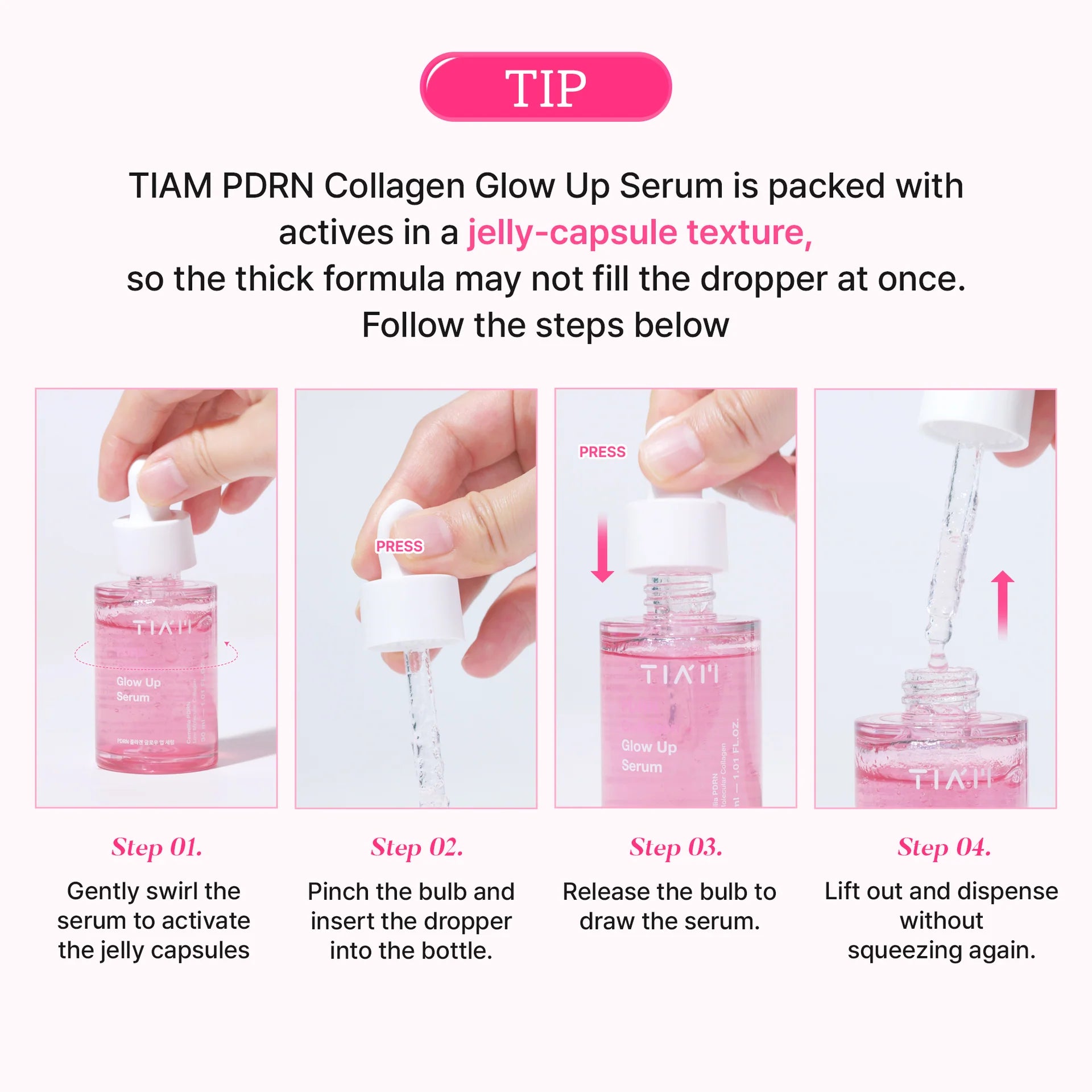 Instructions for using TIAM PDRN Collagen Glow Up Serum with step-by-step images and text.